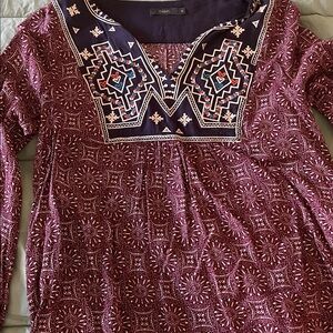 THML Tribal Maroon and White Patterned Blouse